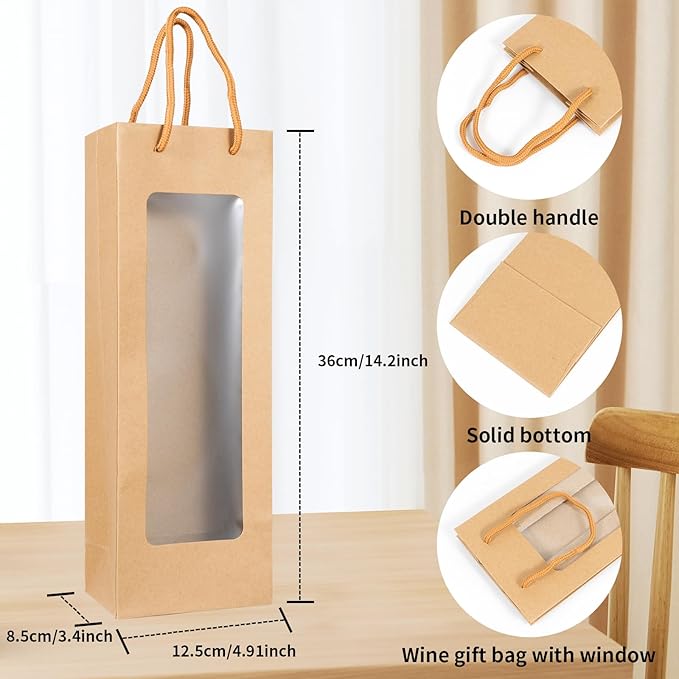 Cyblinia 20 Pack Wine Gift Bags with Window 4.9 x 3.6 x 14.2 Inch Paper Wine Bags Wine Carrier Bags Shopping Bags with Handle for Wine Bottle and Gifts，Wedding, Birthday, Christmas