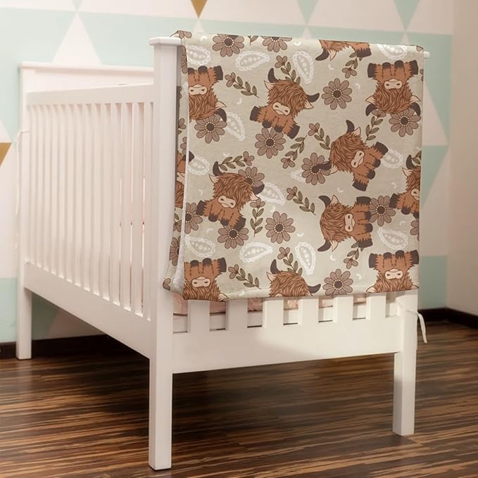 Boho Highland Cow Paisley Floral Baby Blanket Girls Gift, Beige Western Cowgirl Flower Flannel Fleece Nursery Bed Blankets, Soft Lightweight Newborn Infant Toddler Kids Crib Bedding 40 x 50