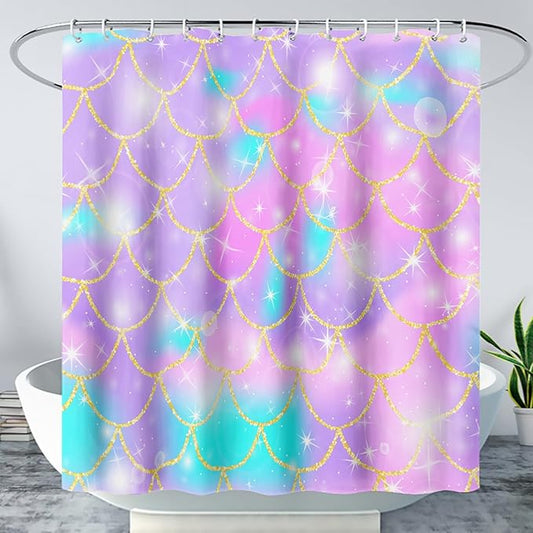 AILONEN Mermaid Scale Shower Curtain,Purple Mermaid Scale Bath Curtain for Girls Bathroom,Polyester Waterproof for Shower with 12 Plastic Hooks 72" W*78" H