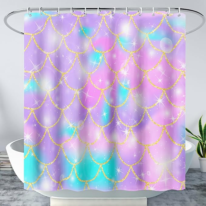 AILONEN Mermaid Scale Shower Curtain,Purple Mermaid Scale Bath Curtain for Girls Bathroom,Polyester Waterproof for Shower with 12 Plastic Hooks 72" W*96" H