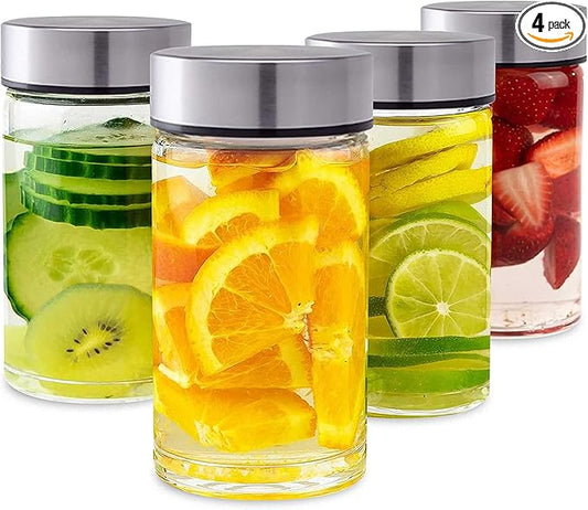 Juice Bottles - 4 Pack Wide Mouth Glass Bottles with Lids - for Juicing, Smoothies, Infused Water, Beverage Storage - 10oz, BPA Free, Stainless Steel Lids, Leakproof, Reusable, Borosilicate