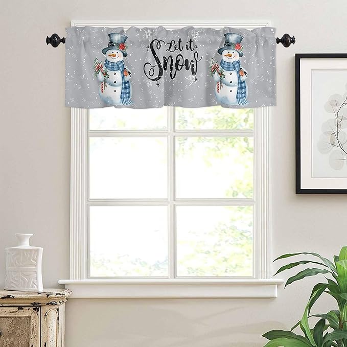 Snowman Christmas Valance Curtains for Kitchen Windows Let It Snow Winter Holiday Rod Pocket Window Treatment Toppers for Kitchen/Living Room/Bedroom/Bathroom, 54" X 18", Grey White