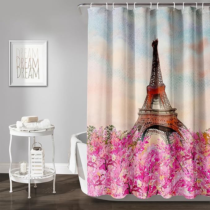 AILONEN Paris Tower Shower Curtain,Romantic Tower Theme Waterproof Fabric Shower Curtain Set for Girls Kids Teens, 48" W*72" H Pink Flowers Dreamy Eiffel Tower Shower Curtain