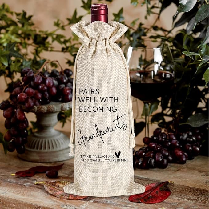 YAANUNULU Grandparents Gifts, Pregnancy Announcement Wine Bag, Pairs Well with Becoming Grandparents Wine Bag, Grandmother Grandfather Gifts, Party Decorations