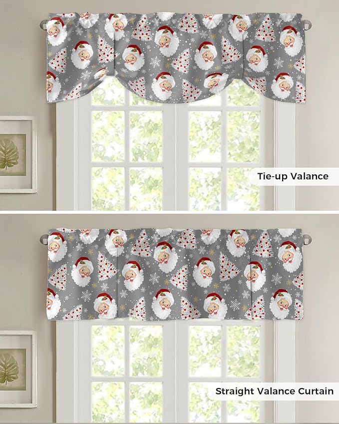 Grey Christmas Blackout Tie Up Valance Curtains for Kitchen Windows Santa Claus Merry Christmas Tree Window Toppers Balloon Shades for Living Room/Bathroom/Bedroom,1 Panel, 42" X 18", Winter Snowflake