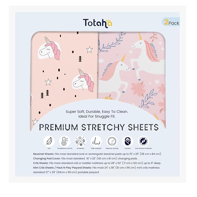 TotAha Premium Soft Unicorn Bassinet Sheet for Girl, Super Stretchy Jersey Knit Bassinet Fitted Sheet, Compatible with Halo, Maxi COSI, Mika Micky, SNOO, Baby Delight Mattress, 2 Pack