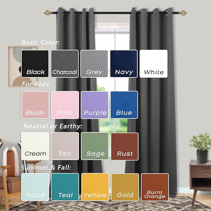 Mrs.Naturall Blackout Curtains for Bedroom,Short Window Curtains 2 Panel Sets,Dark Grey,45 Inch Length