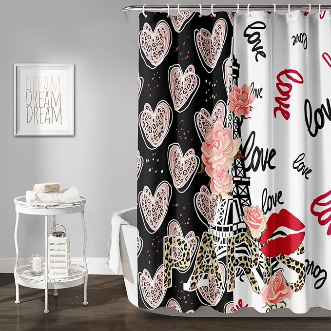 AILONEN Heart Love Shower Curtain for Bathroom, Black and White Eiffel Tower Print Bath Curtain,Pink Hearts Girls Women Shower Curtain Decoration Waterproof with 12 Plastic Hooks, 72" W*96" H