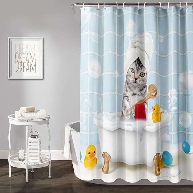 AILONEN 3D Bathtub Cat Shower Curtain for Kids 72" W*84" H Kawaii Shower Cat Shower Curtain,Polyester Waterproof Fabric Decor for Bathroom Bathtub Panels