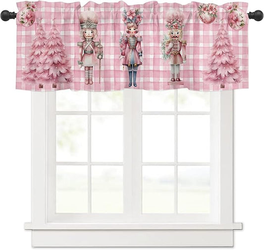 Pink Plaid Nutcrackers Christmas Window Valance for Kitchen Living Room, Pink Christmas Nutcrackers Window Curtain for Bedroom Bathroom, Pink Window Valance Rod Pocket Window Treatment, 54" W x 18" L