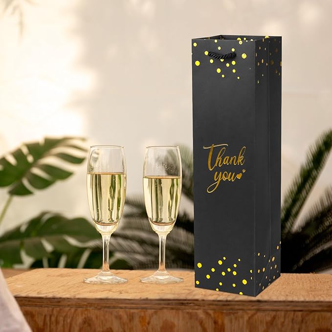 Ssyuysto Wine Gift Bag with Gold Foil Wine Bags with Rope Handles, (3.7 x 13.7 x 3.5 in) - Elegant Black Wine Bags for Wine Bottles and Gifts