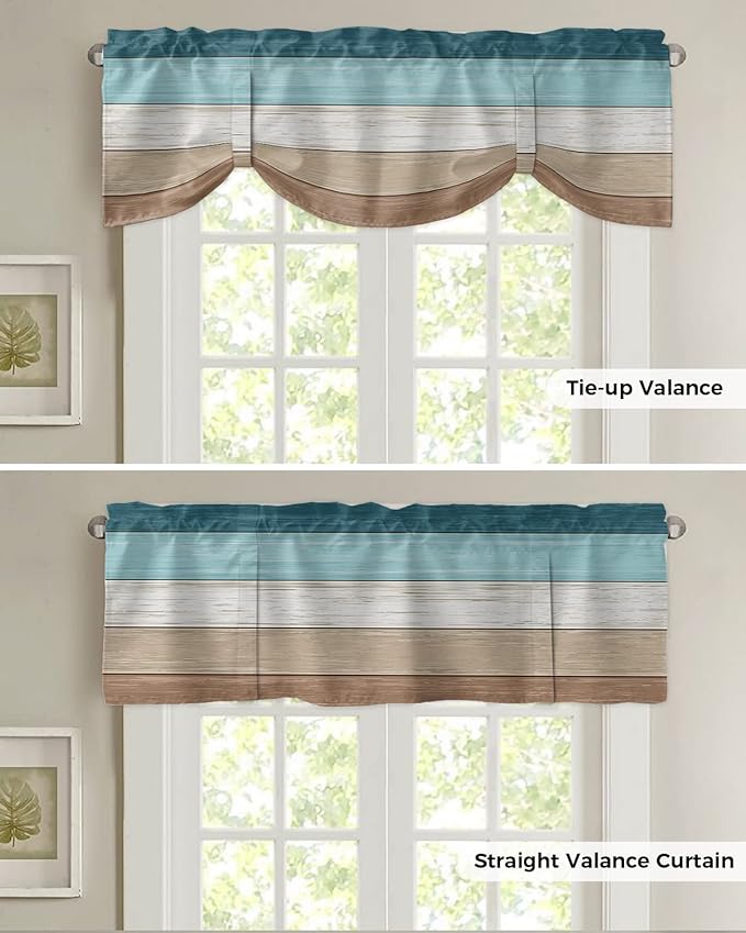 Farmhouse Blackout Tie Up Valance Curtains for Kitchen Windows,Teal Blue Brown Beach Window Toppers Balloon Shades for Living Room/Bathroom/Bedroom,1 Panel,54" X 18" Retro Rustic Barn Wood Texture