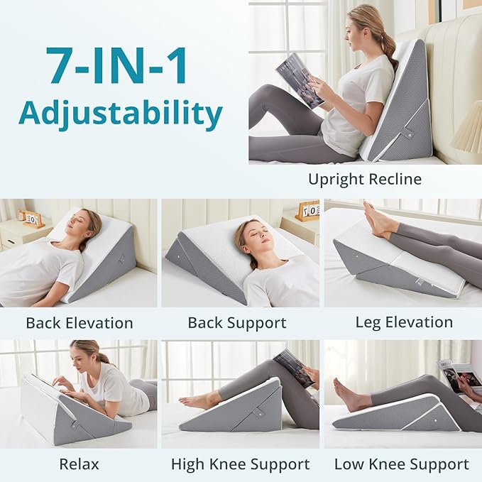 Sasttie Wedge Pillow for Sleep Apnea, 10 Inch Adjustable Bed Wedge Pillow for Back Pain, Acid Reflux, Memory Foam Triangle Pillow Wedge for Sleeping, Post Surgery, Knee Elevate, White & Dark Grey