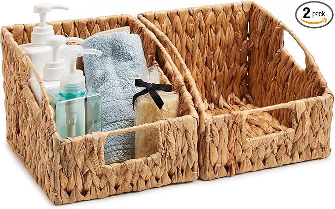 EZOWare Woven Open Front Storage Baskets, Natural Water Hyacinth Wicker Storage Trapezoid Organizer Bin Boxes with Handles for Closet Clothes Kids Room Nursery, Empty Decorative Gift - Set of 2