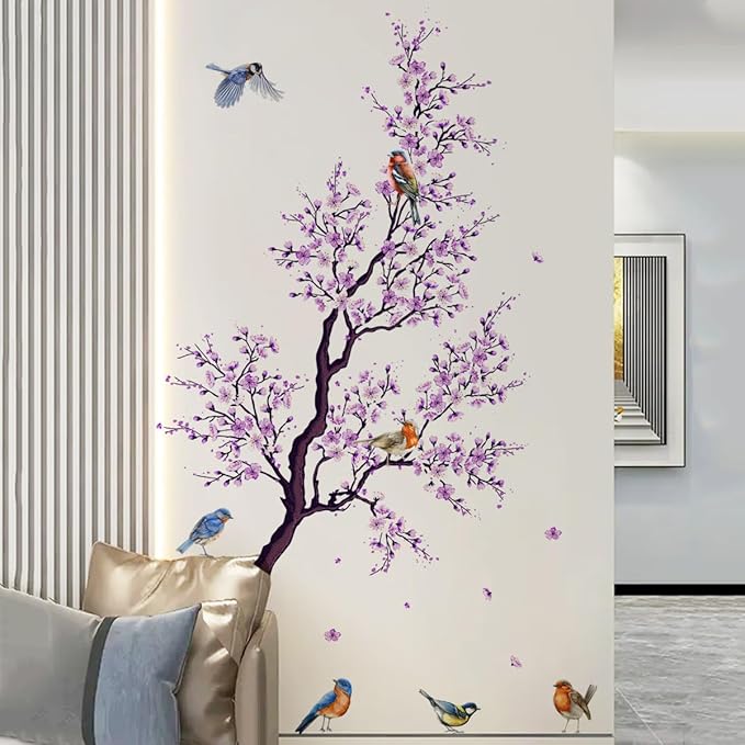 Birds On Tree Wall Decals Purple Flower Wall Stickers Colorful Birds Decals DIY Removable Colorful Flying Bird Tree Wall Art Decor for Kids Baby Bedroom Living Room Nursery Office