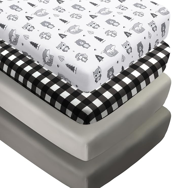 4 Pack Woodland Forest Animals Wood Neutral Unisex Fitted Baby Crib Sheets Set for Baby Boys or Girls Black and White