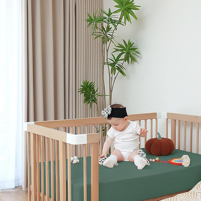 Muslin Fitted Crib Sheets for Baby Neutral Fit Standard Crib Toddler Mattress(28"x 52") 100% Organic Cotton Sheets Soft and Breathable Boho Bedding (Bottle Green&Neutral Gray)