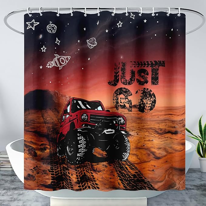 AILONEN Red Truck Shower Curtains,Galaxy Monster Truck Bath Curtains,Monster Jam Polyester Waterproof for Bathroom,72" W*78" H with 12 Plastic Hooks,Red