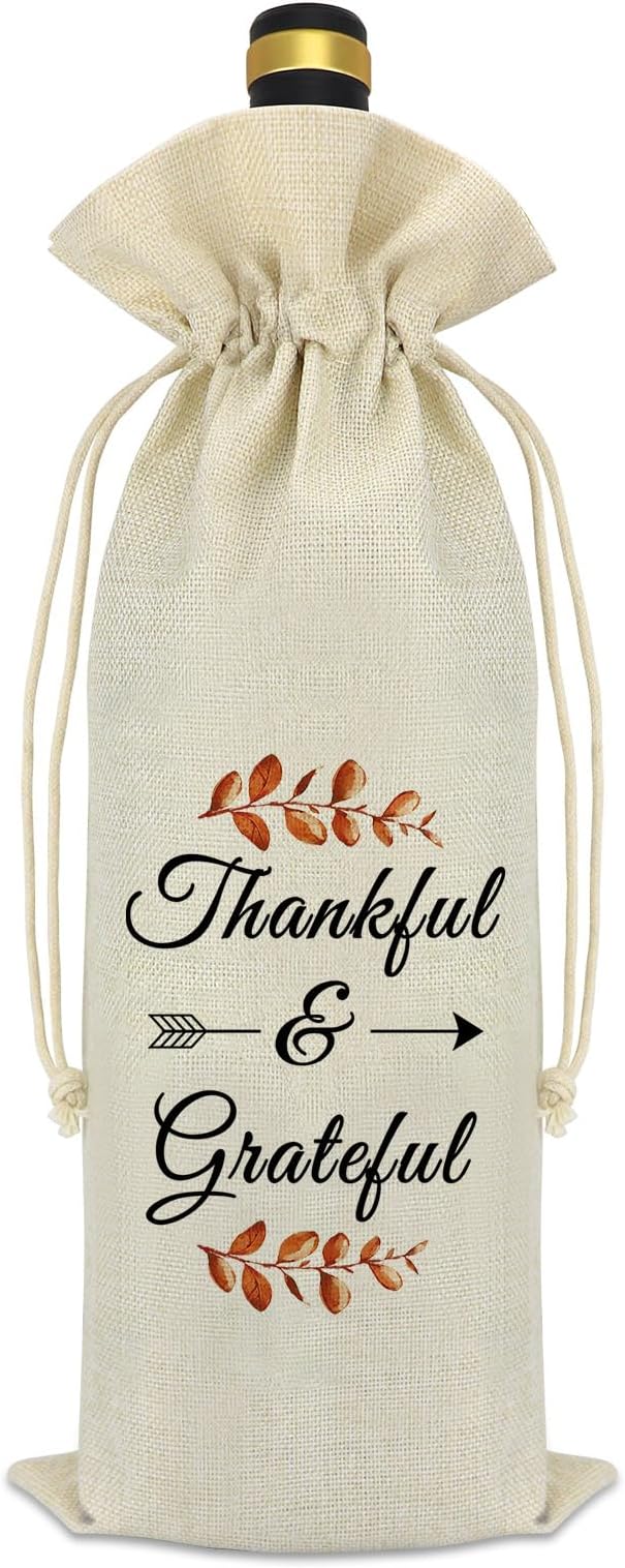 Thankful Grateful Wine Bag Thanksgiving Fall Theme Gift Thank You Gift for Friends Coworker Dad Mom Grandparents Autumn Holiday Halloween Christmas Birthday Gift for Women Men Reusable Wine Bottle Bag