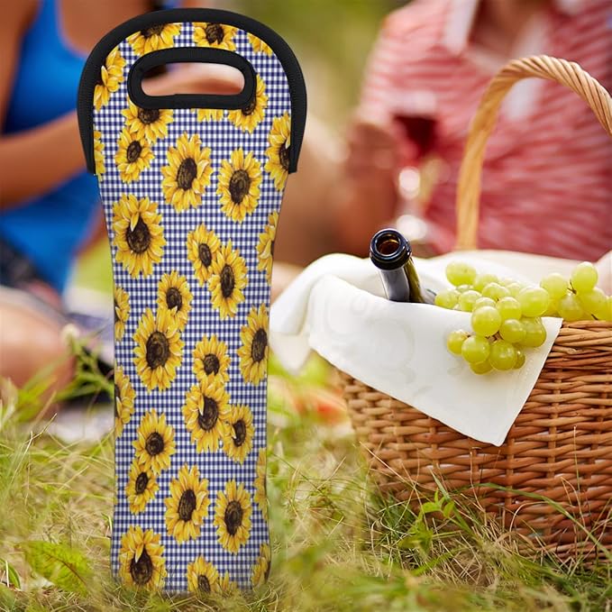 Sunflower Checked Single Bottle Wine Gift Tote Carrier Neoprene Wine Tote Bags Holder Cooler Wine Lover Gift