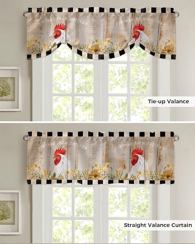 Farmhouse Blackout Tie Up Valance Curtains for Kitchen Windows Sunflower Vintage Farm Chicken Window Toppers Balloon Shades for Living Room/Bathroom/Bedroom,1 Panel,60" X 18" Black White Plaid