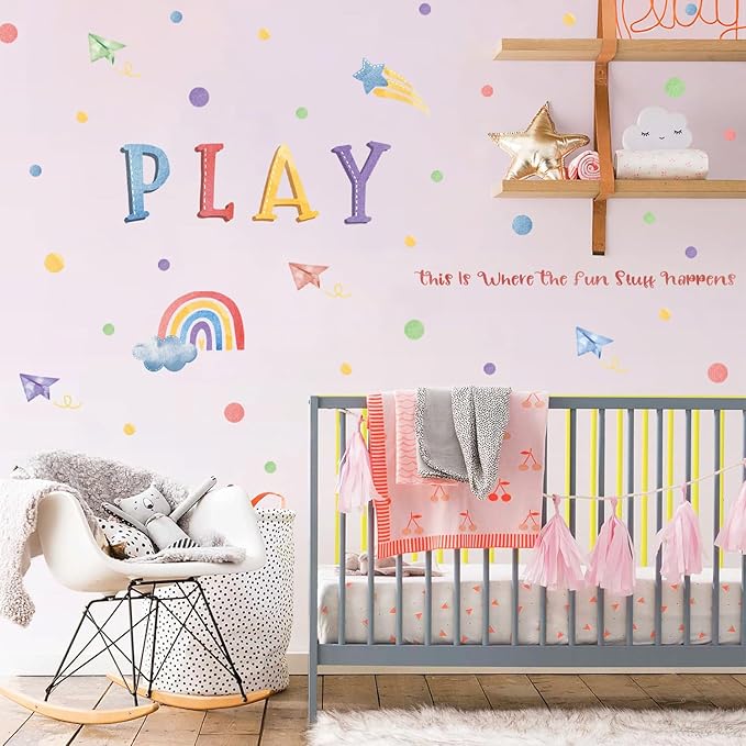 LHIUEM Polka Dot Wall Decals Rainbow Wall Sticker 82 PCS Cute Toddler Girl Decoration Cloud Star Watercolor Wallpaper Boho Kids Wall Posters Play Quotes Decal for Kids Boys Gifts in Nursery Playroom