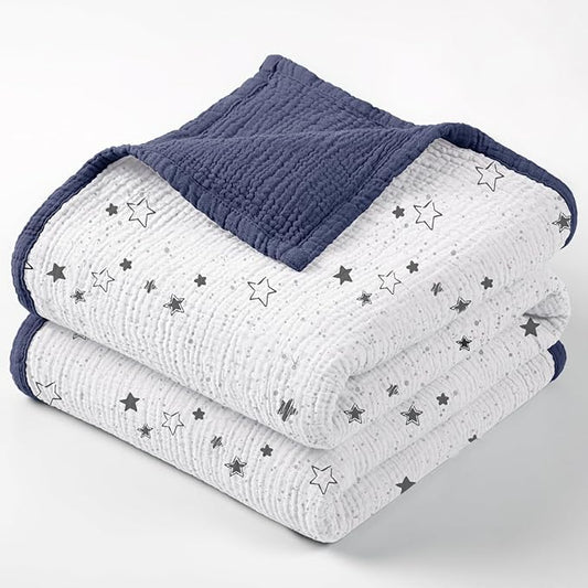 Lulu moon Muslin Quilt Blanket, Crib Blanket for Baby and Toddler,47x47 Inches(Blue Star)