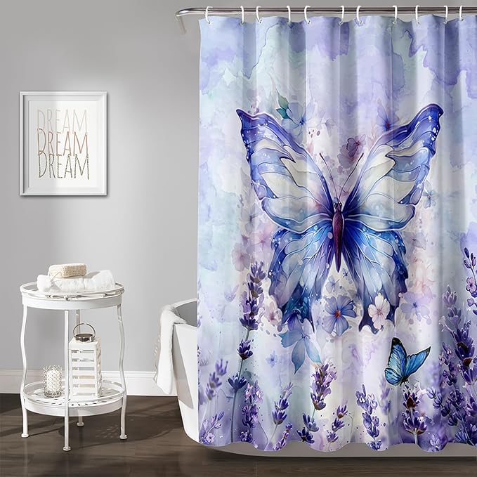 AILONEN Beautiful Butterfly Shower Curtain,Purple Butterfly Bath Curtain for Bathroom for Girls,Lavender Flower Shower Curtain,Watercolor Tie Dye Shower Curtain Set with Hooks,72" W*72" H