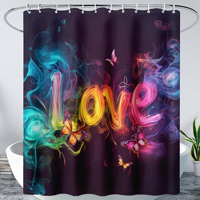 AILONEN Love Theme Shower Curtain for Bathroom,Romantic Smoky Butterfly Bath Curtain,Gradient Love Shabby Chic Print Black Shower Curtain with 12 Plastic Hooks,Waterproof 48" W*72" H