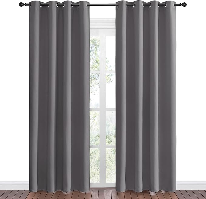 NICETOWN Blackout Curtains Panels for Bedroom - 3 Pass Microfiber Noise Reducing Thermal Insulated Solid Ring Top Blackout Window Drapes (2 Panels, 55 x 86 Inch, Gray)