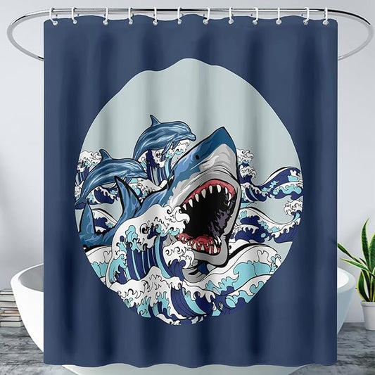 AILONEN Cartoon Shark Shower Curtain for Kids Boys Girls,Blue Ocean Wave with Shark Waterproof Fabric Shower Curtain for Bathroom,Blue Jumping Dolphin Theme Shower Curtain Set with Hooks,72" W*78" H