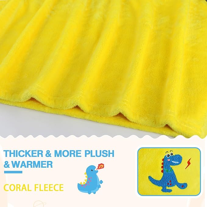 Kids Beach Towels Cute 3D Embroidery Dinosaur Super Absorbent Warm Coral Fleece Blanket Pool Bath Towel Wrap for Boys Girls, Measures 53.5 x 29.3 Inches