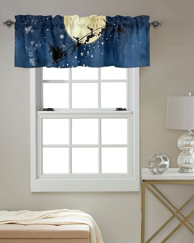 Christmas Kitchen Curtains Valances for Windows Santa Claus Reindeer Rod Pocket Window Treatment for Kitchen/Living Room/Bedroom/Bathroom,42" X 12" -1 Panel, Blue Snowy Night