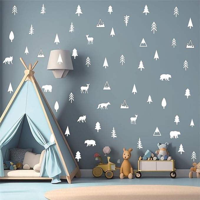 Woodland Animal Wall Decals Vinyl Pine Tree Wall Stickers Forest Animal Wall Stickers Mountain Small Tree Animals Deer Bear Wolf Woodland Wall Decals for Nursery Bedroom Kids Room Decor