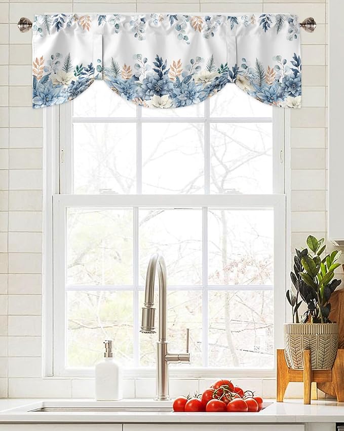 Blue Christmas Poinsettia Blackout Tie Up Valance Curtains for Kitchen Windows Winter Eucalyptus Leaves Window Toppers Balloon Shades for Living Room/Bathroom/Bedroom,1 Panel, 54" X 18",