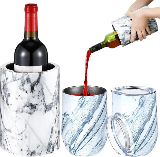 Baderke Marble Wine Cooler with 2 Marble Stainless Steel Wine Cup Wine Chiller Portable Wine Bottle Chiller Beverage Chiller Wine Accessories for Wine Lovers Parties Dinner Keep Wine Beverages Cold