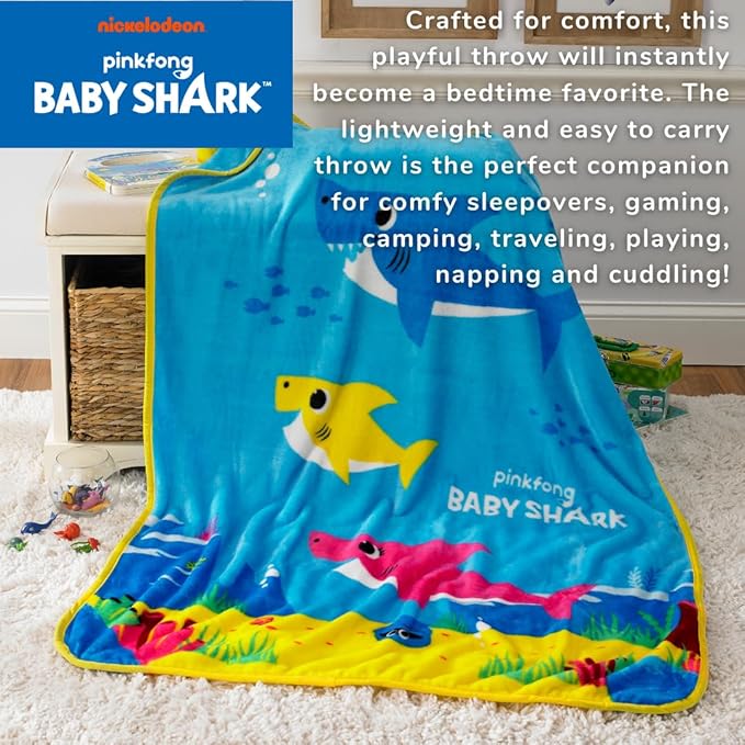 Franco Baby Shark Kids Bedding Super Soft Silk Touch Throw, 40 in x 50 in, (Official Licensed Product)