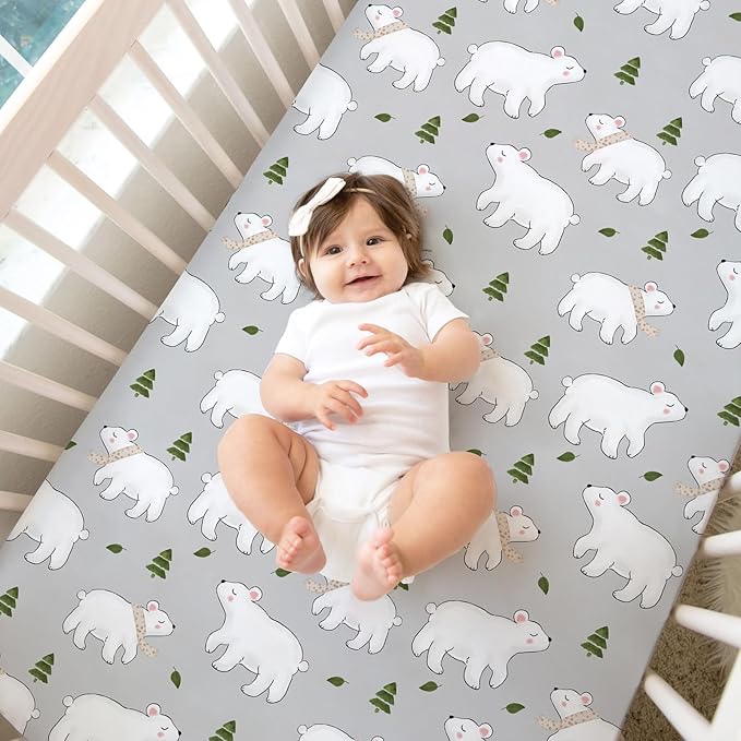 ACRABROS Crib Sheets for Girl Boy: Stretchy Baby Fitted Crib Mattress Sheets Sets 2 Pack Standard Size Ultra Soft Neutral, Elephants&Polar Bears