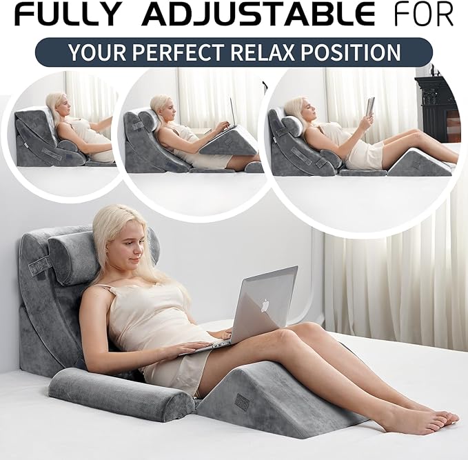 Qirroboni 6PCS Orthopedic Bed Wedge Pillow Set, Adjustable Pillows for Neck, Back and Leg Pain Relief Comfortable & Post Surgery Foam - Heartburn, Anti Snoring, Acid Reflux & GERD Sleeping Grey