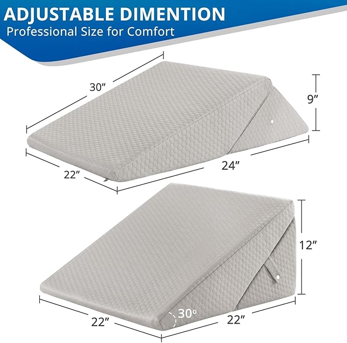 Sasttie Wedge Pillow for Sleep Apnea, 12 Inch Bed Wedge Pillow for Back Pain Relief, Adjustable Memory Foam Pillow Wedges for Sleeping Acid Reflux, Shoulder Pain Relief and Snoring, Light Grey