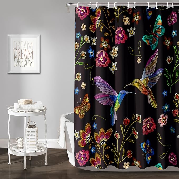 AILONEN Retro Hummingbird Shower Curtain,Wild Floral Flower Bathroom Decor with 12 Plastic Hooks,Bird Butterfly Vintage Black Curtains,Modern Bedroom Decor Gifts for Girls Teen Adult 72" W*84" H