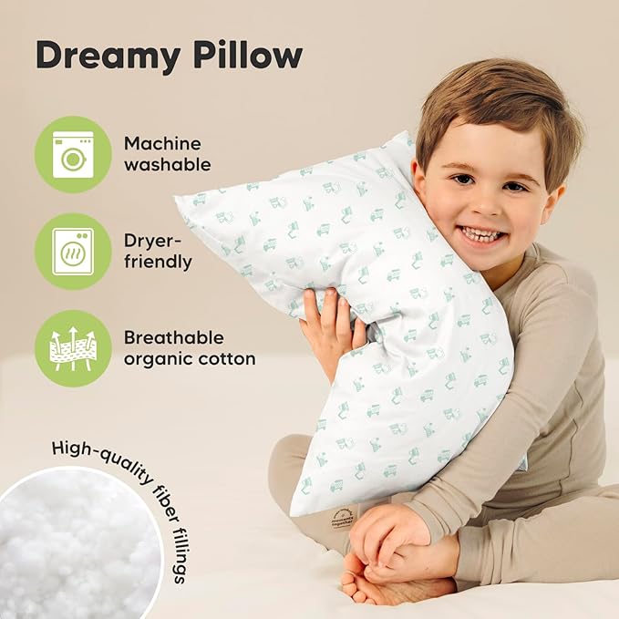 2-Pack Toddler Pillow - Soft Organic Cotton Toddler Pillows for Sleeping - 13X18 Small Pillow for Kids - Kids Pillows for Sleeping - Kids Pillow for Travel, School, Nap, Age 2 to 5 (Excavator)