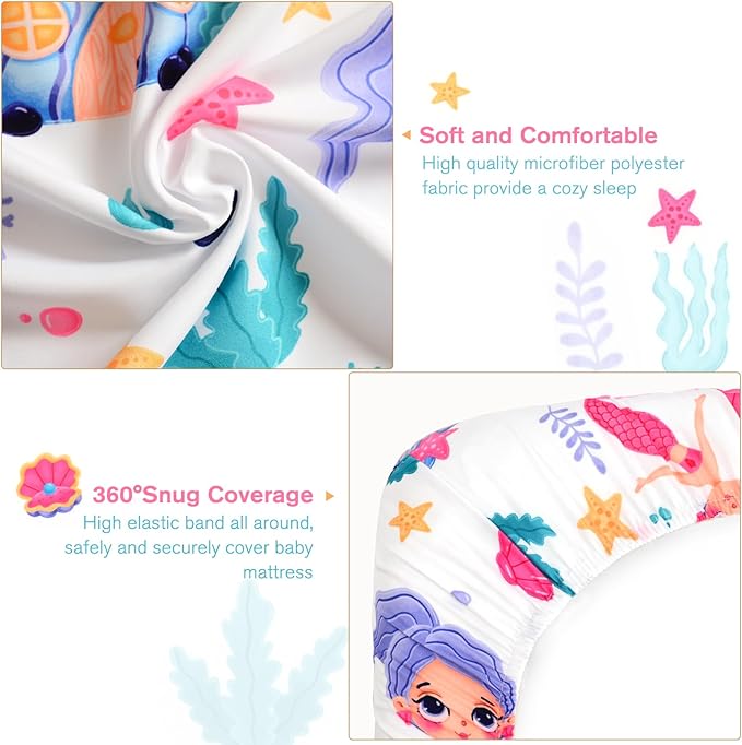 JISEN Baby Crib Sheets Soft Breathable Fitted Crib Sheets Baby Sheet for Standard Crib and Toddler Mattress Baby Bed Sheets for Crib for Baby Boys Girls Neutral 52x28 Inch White Mermaids