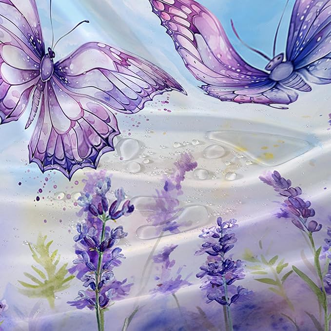 AILONEN Beautiful Butterfly Shower Curtain for Kids Girls Boys, Flying Butterfly Bath Curtains for Bathroom,Blossoming Lavender Flowers Shower Curtain Set with Hooks,72" W*72" H