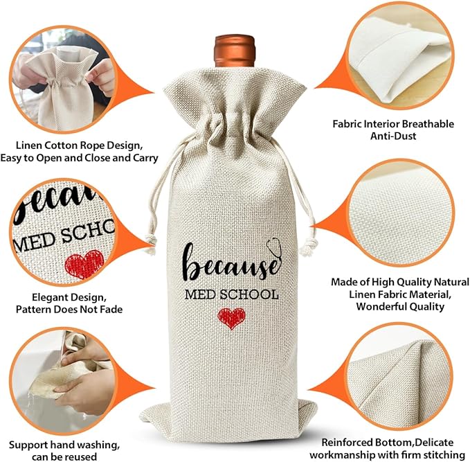 Med School Gift Wine Bag, Cool Gifts for Nurse, Nursing School Graduation Party Decoration For Nurse Doctor, Funny Nurse Day Nurse Week Gift, Nurse Practitioner Gift for Women, Because Med School