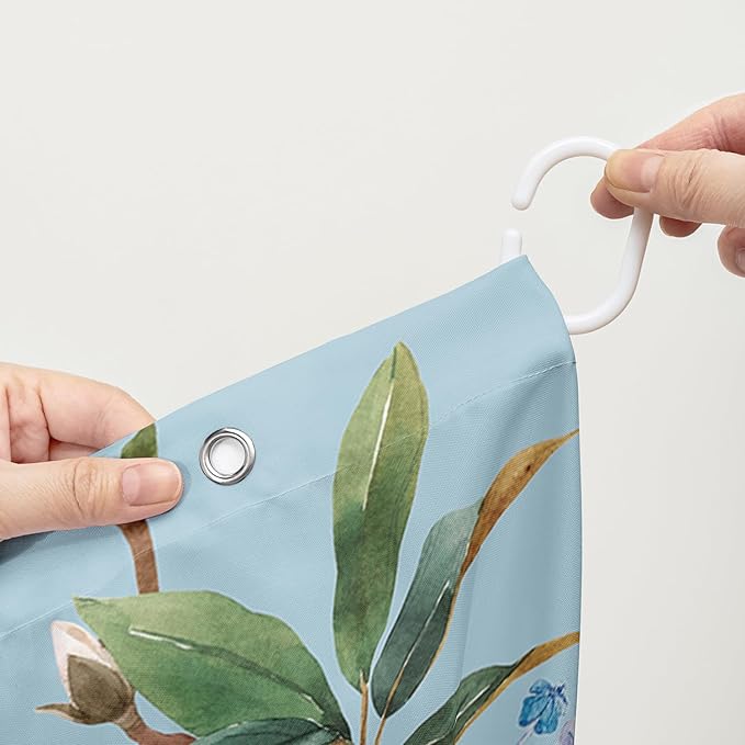 AILONEN Flower Shower Curtain, White Gardenia on Blue Background Fabric Shower Curtains for Bathroom,Elegant Floral Pattern Shower Curtain Set for Girls Women Couple,72" W*78" H