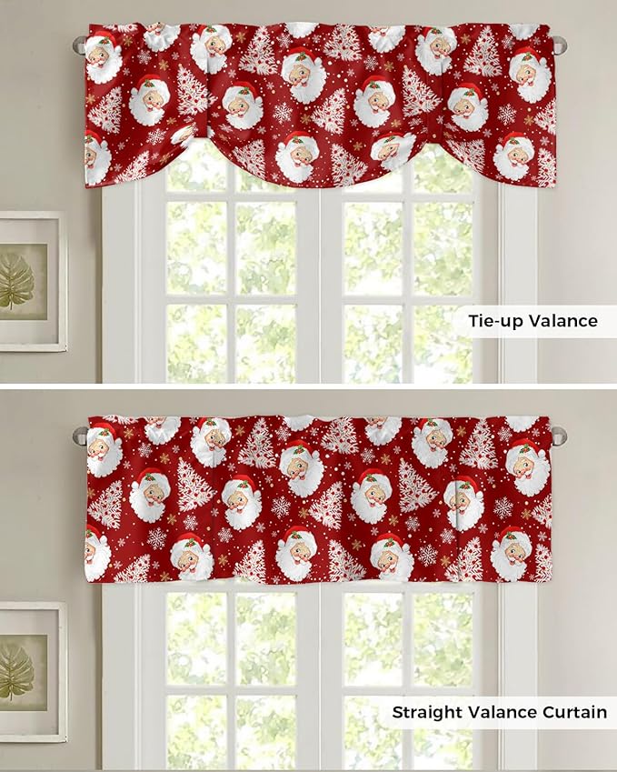 Red Christmas Blackout Tie Up Valance Curtains for Kitchen Windows Santa Claus Merry Christmas Tree Window Toppers Balloon Shades for Living Room/Bathroom/Bedroom,1 Panel, 42" X 18", Winter Snowflake