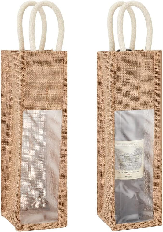 BENECREAT 2 Pack Burlap Wine Bottle Bags, Jute Wine Tote Gift Bag with Clear Window and Handle for Wedding Birthday Festivals Souvenir Packaging Wine Gift Packaging (Single Bottles)