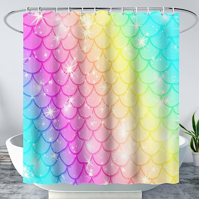 AILONEN Mermaid Scale Shower Curtain,Rainbow Mermaid Scale Bath Curtain Gifts for Girls,Polyester Waterproof for Bathroom with 12 Plastic Hooks 72" W*72" H