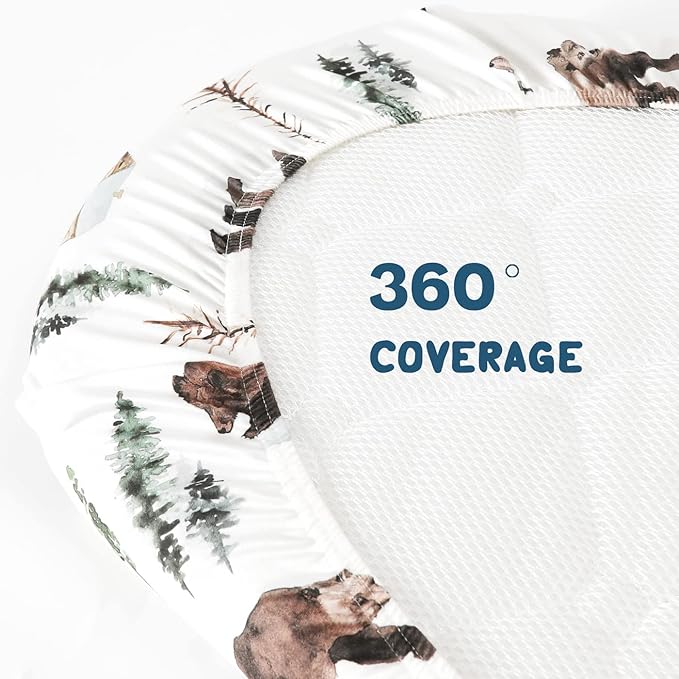 GRSSDER Stretchy Ultra Soft Fitted Bassinet Sheet Set 3 Pack, Universal Fit for Bassinets Baby Cradle Moses Basket Oval Rectangle Mattress Safe and Snug, Jungle Bear/Rainbow for Baby